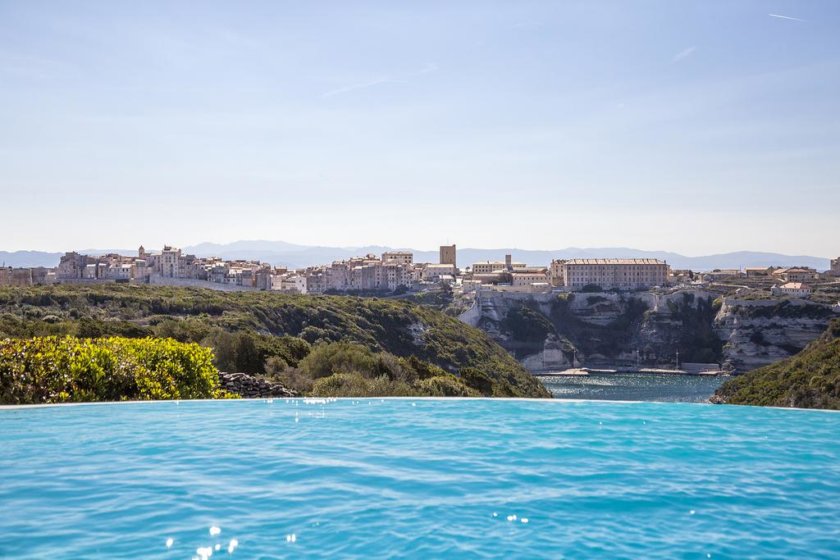 View of Bonifacio from the Hotel Cala di Greco's infinity pool
