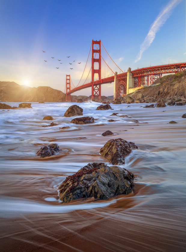 Vue sur le Golden Gate depuis la plage de Baker